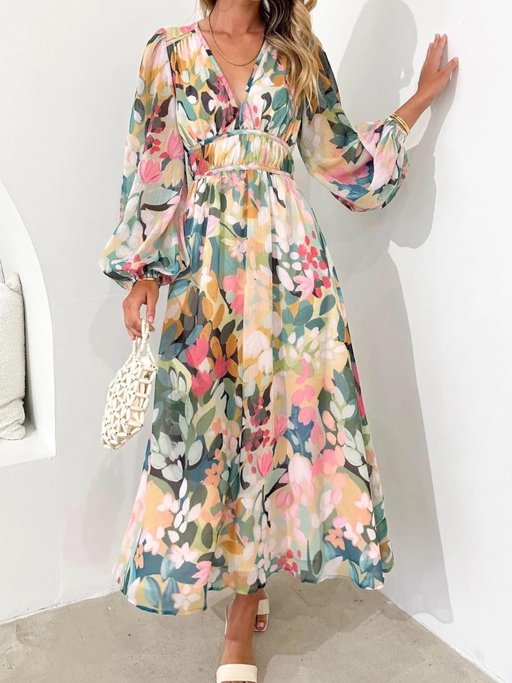 Floral V-Neck Long Sleeve Boho Maxi Dress - Pastel Multi